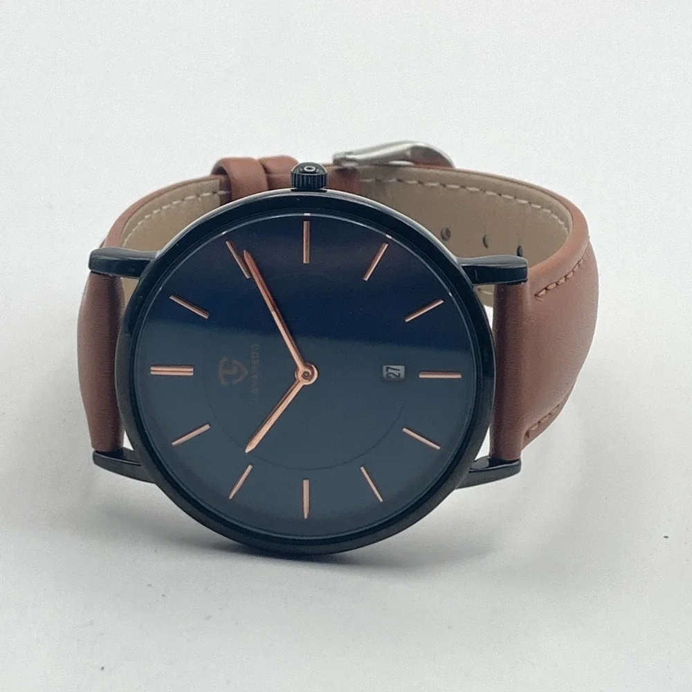 Lavaredo Men's Watch 40mm Black Blue Dial Date Brown Leather 30M New Battery 9